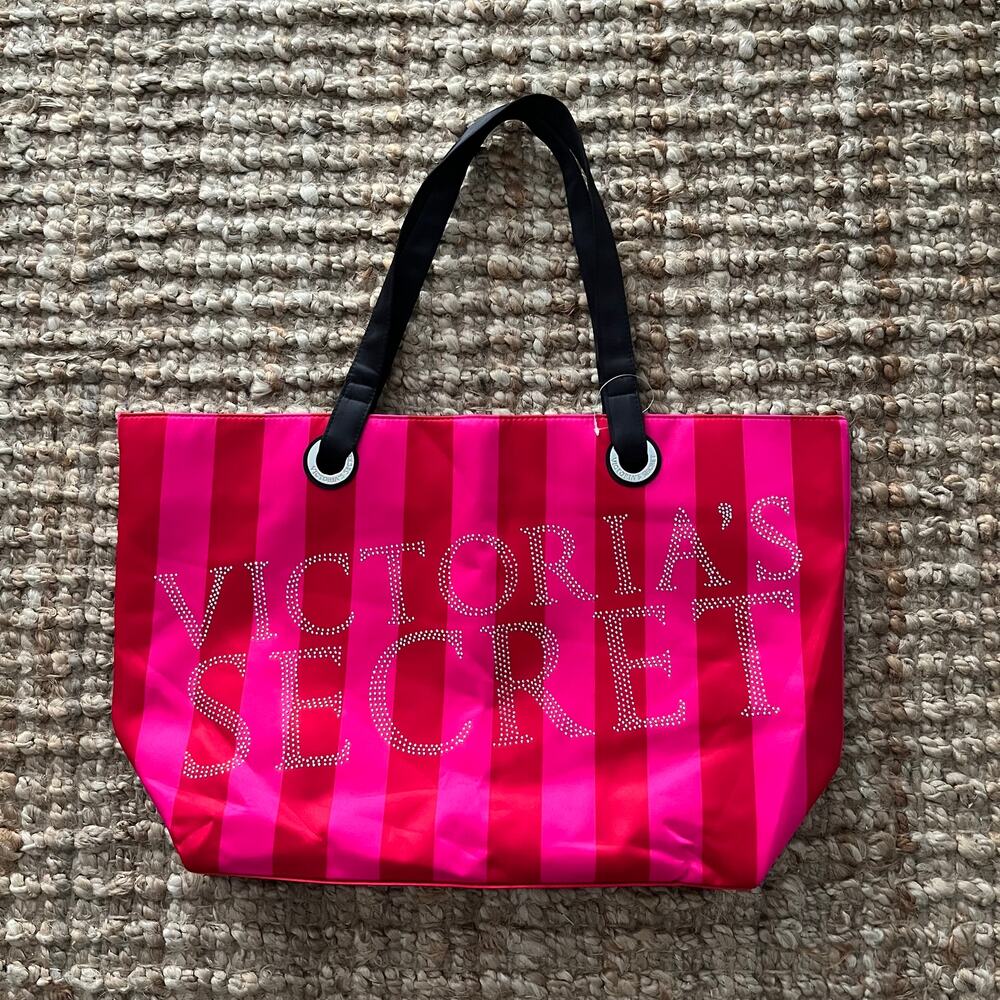 Victoria’s Secret Pink Stripe Rhinestone Logo Tote Bag NWOT